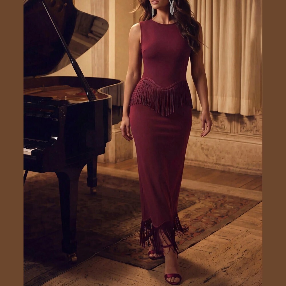 Burgundy Fringe Trim Basque Sleeveless Round Neck Slim Fit Maxi Dress